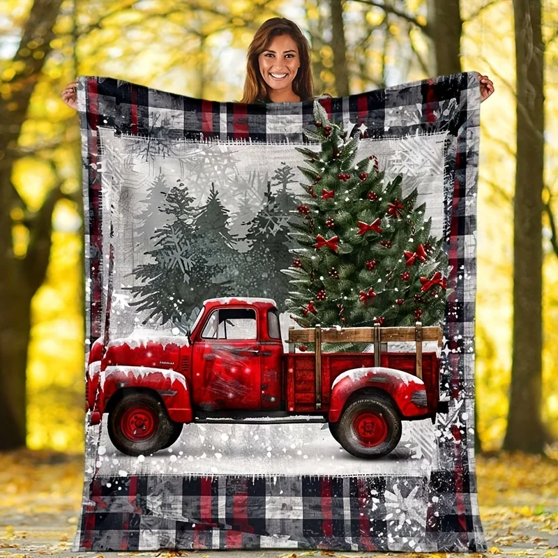 A Red Truck Carrying A Christmas Tree Print Blanket, Soft and Warm Sofa Bed Blanket, Suitable for Office Bed Camping Travel