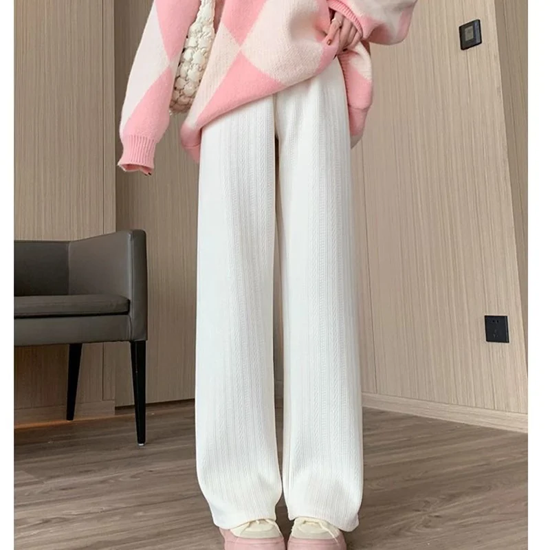 Autumn Winter 2024 All-match Fleece Wide Leg Pants Female Casual Solid Color Elastic Waist Trousers Women Clothes Thick Pants