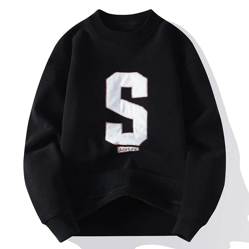 2024 Fall Winter Fleece Sweatshirt Warm Round Neck Pullover Sweatshirt Men's Casual Bottom Shirt Embroidered Monogram