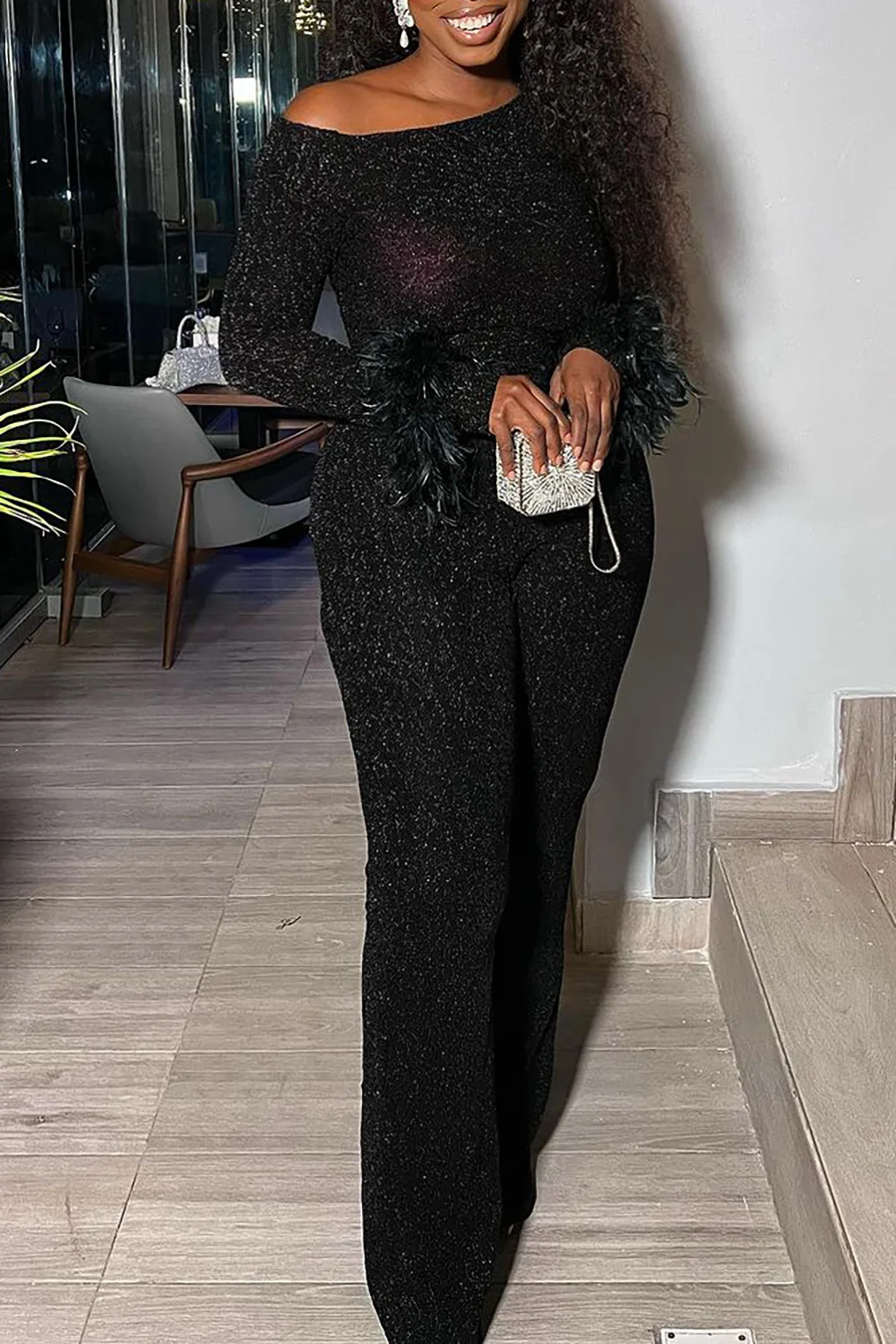 بالإضافة إلى حجم بذلة حزب أسود بريق طويل الأكمام الريش الترتر بذلة #4