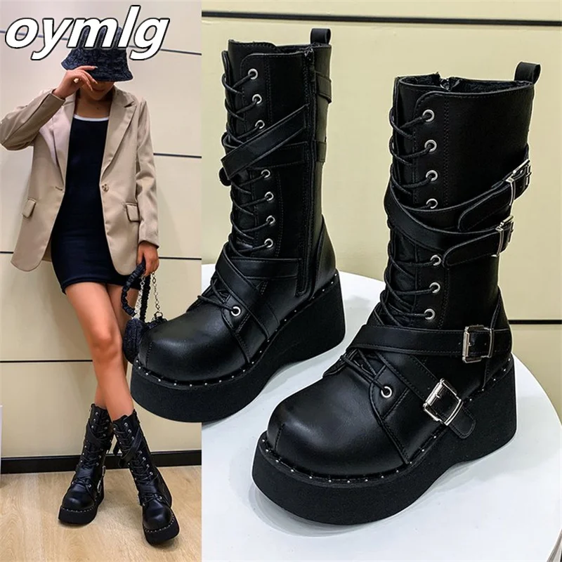 

Punk fashion boots 2022 autumn and winter new round head muffin bottom functional wind metal decoration knight high boots women