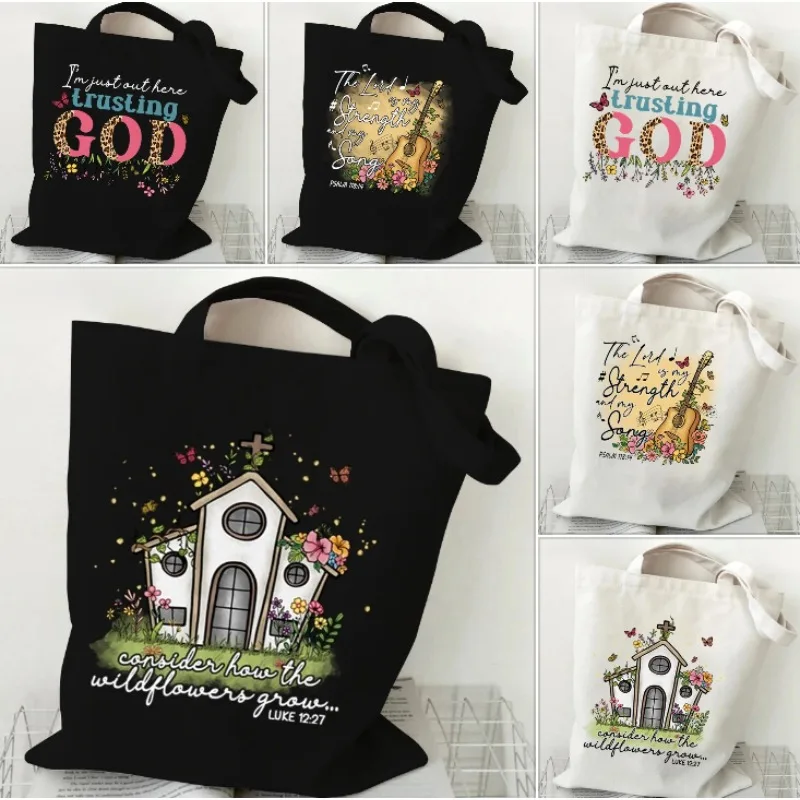 

Christians Gift Canvas Shoulder Bag Wildflower Letter Print Purses and Handbags Funny Religious Christian Faith Shopping Bags