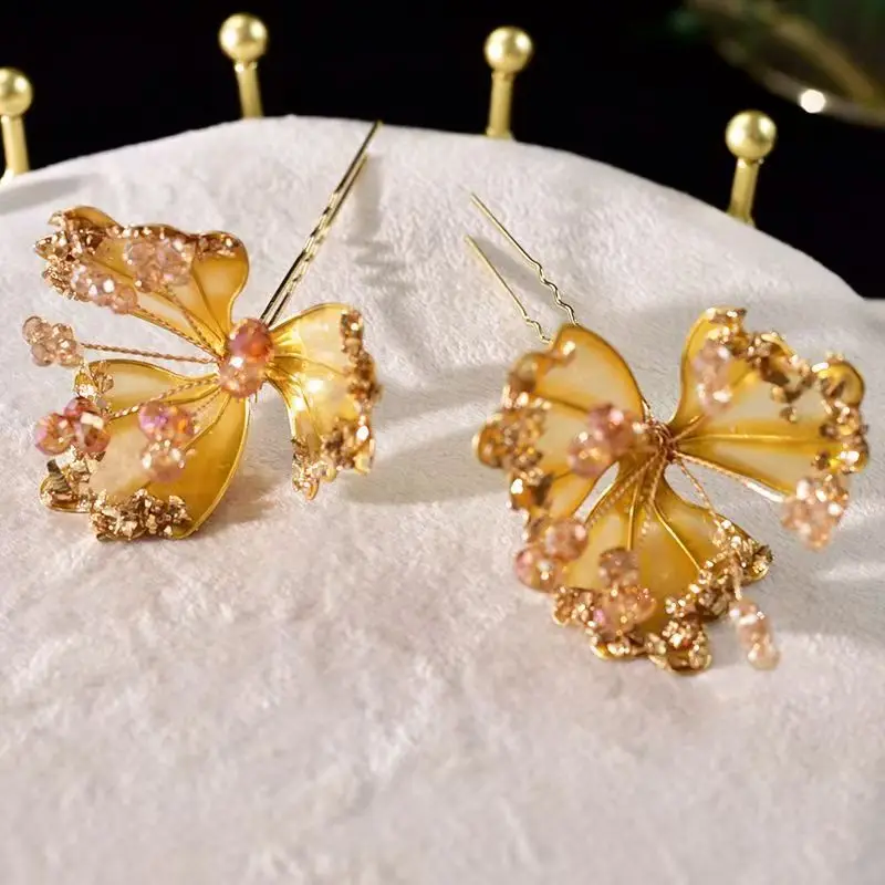Golden Artificial Crystal Phoenix Hairpin Set for Chinese Bride Xiuhe Traditional Wedding Hanfu Accessory Ancient Costume