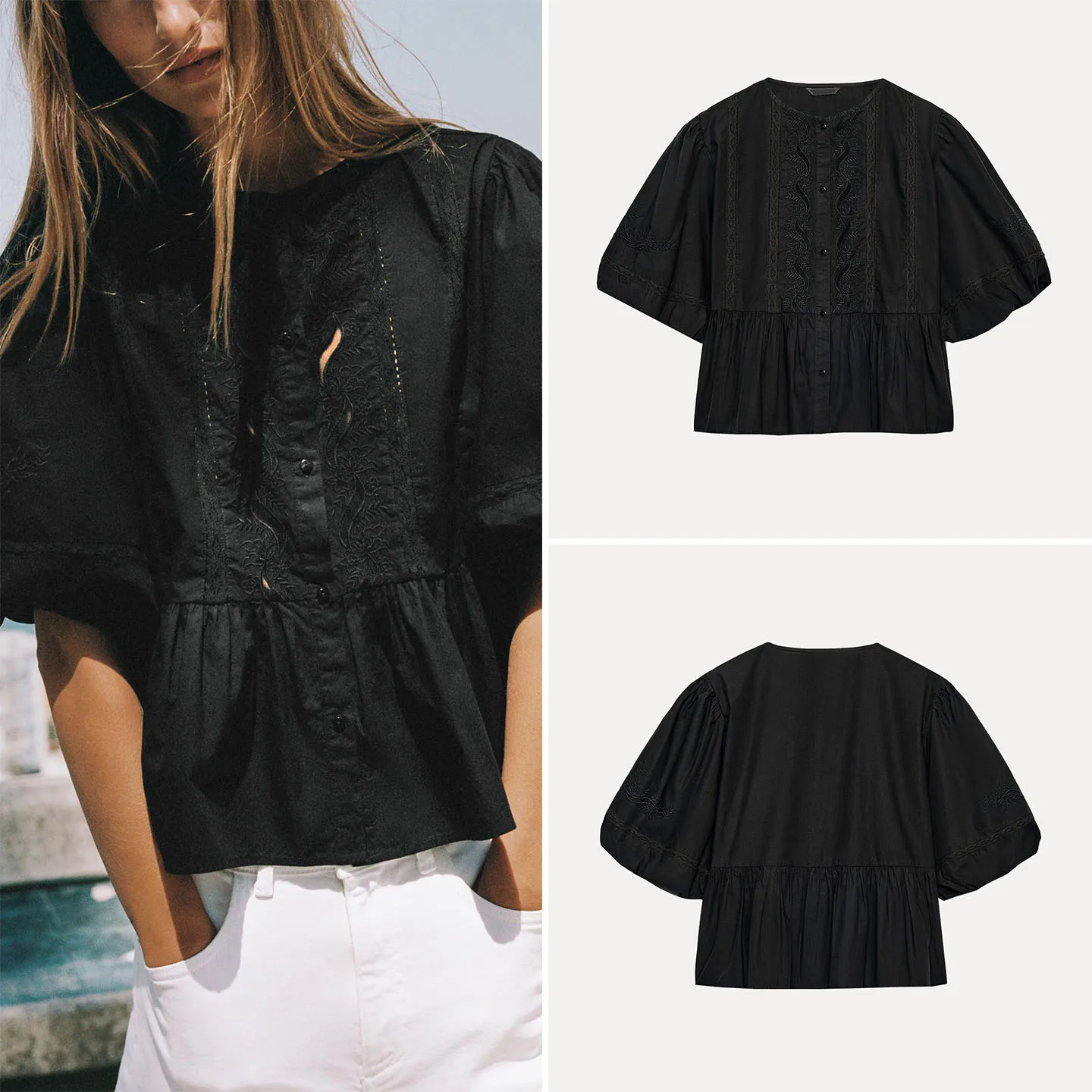 Summer 2026 Women's Shirt Balloon Sleeve Embroidered Ruffle Splicing round Neck Stitching Design Straight Cut T-Shirt