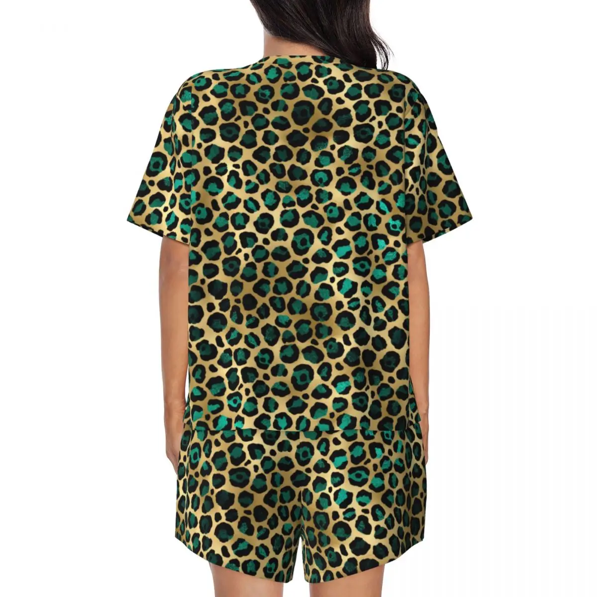 Teal And Gold Leopard Pajamas Women Spots Print Cute Sleepwear Summer Short Sleeves 2 Piece Bedroom O Neck Custom Pajama Sets