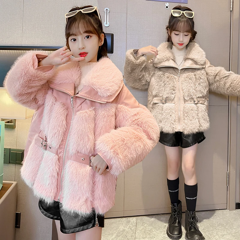 

Fox fur children's coat 2022 new luxury design girls' imitation fur coat splicing long sleeved cheap boys' fur coat warm clothes