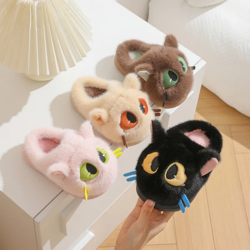 New Kids Lovely Multi Color Kitten Fluffy Slides Cozy Plush Indoor Slippers Lightweight Children Home Mules Cute Cat House Shoes