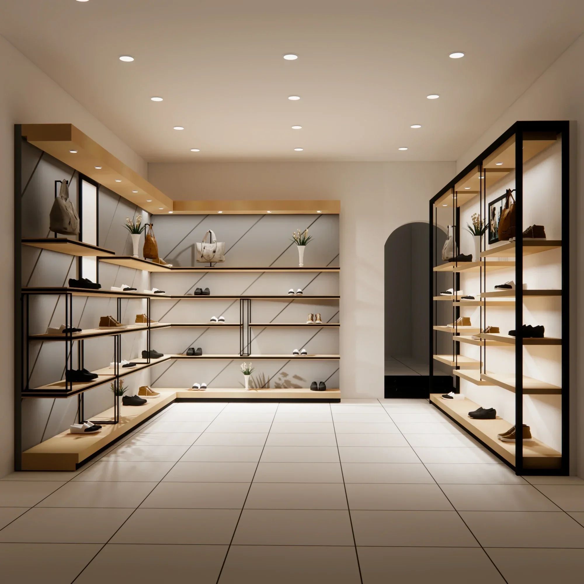 

Commercial Shoe Display Rack Wooden Glass Handbag Display Cabinet Led Lighting Storage Shelves For Shop Decoration