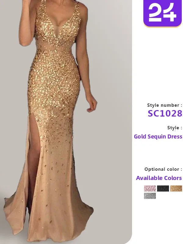 

Новинка 2025, трансграничное женское длинное платье с V-образным вырезом и золотыми украшенными разрезами, свадебное платье из шелковой ткани со средней талией Dr