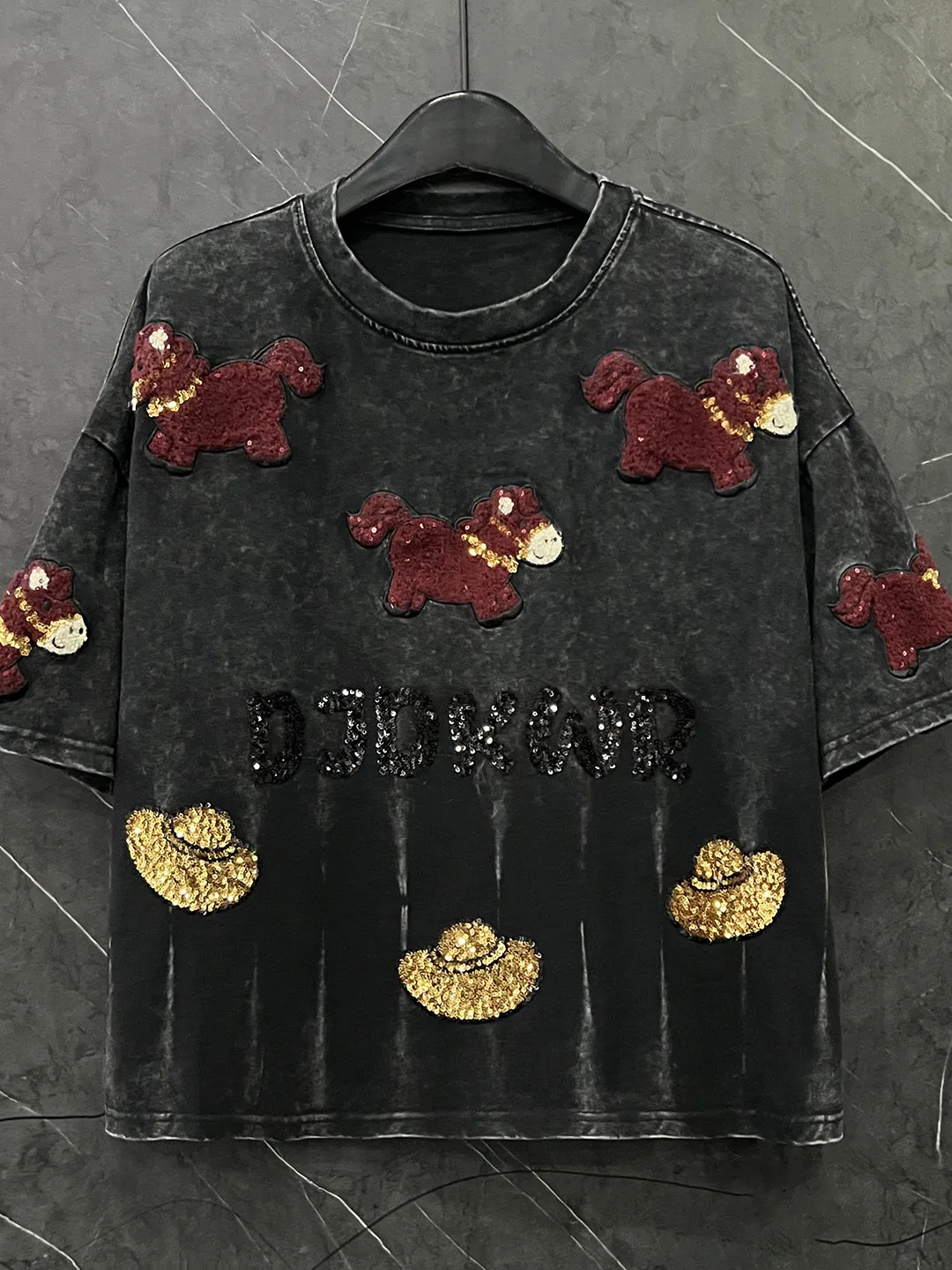 

High Quality Flocking Embroidery Loose Short Sleeve T-shirt 2026 New Spring Summer Round Neck Pullover Top Women Cotton Tees