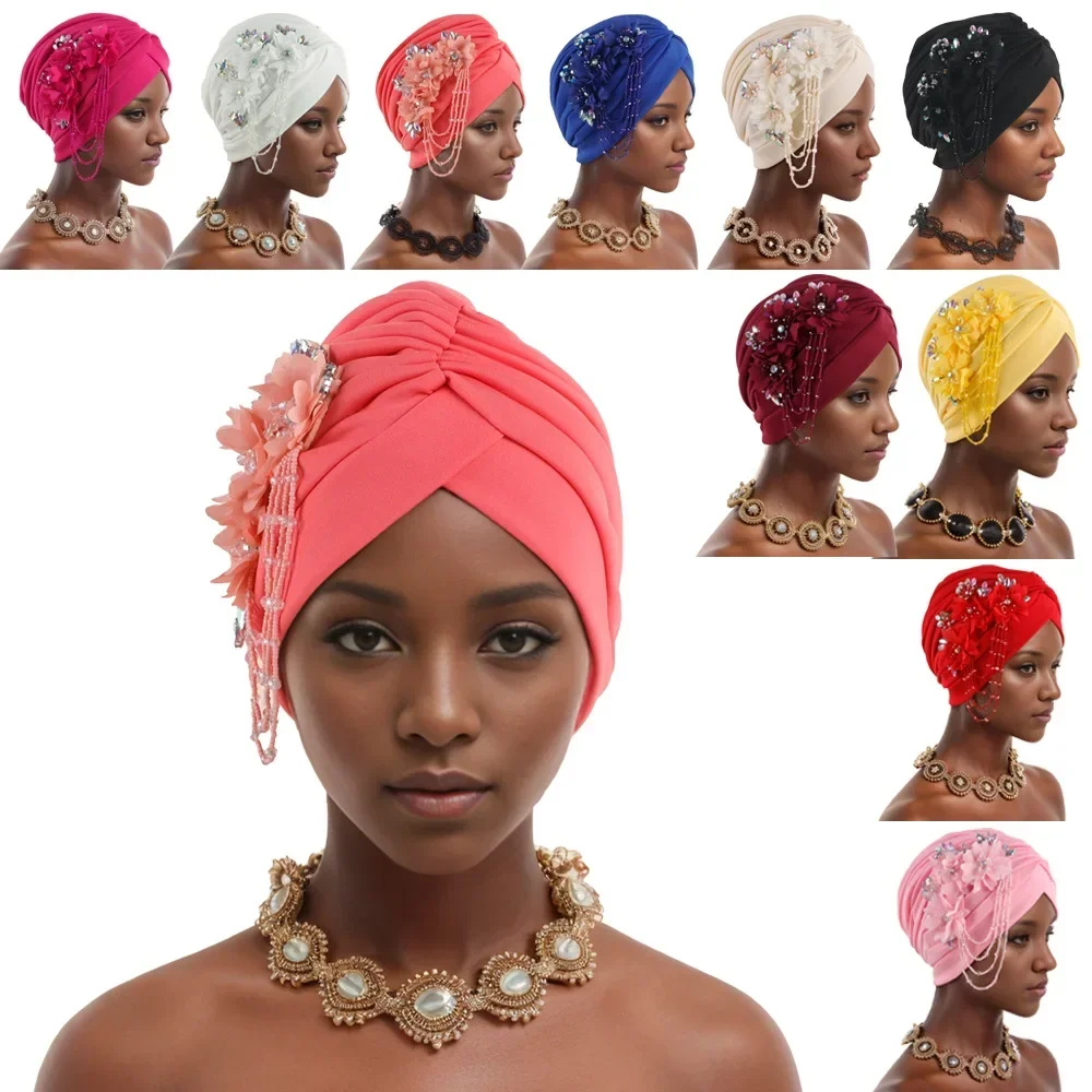 New Tassel Turban Cap for Women Diamonds Pleated Head Wrap African Female Headscarf Bonnet Muslim Hijab Auto Gele Turbante Mujer