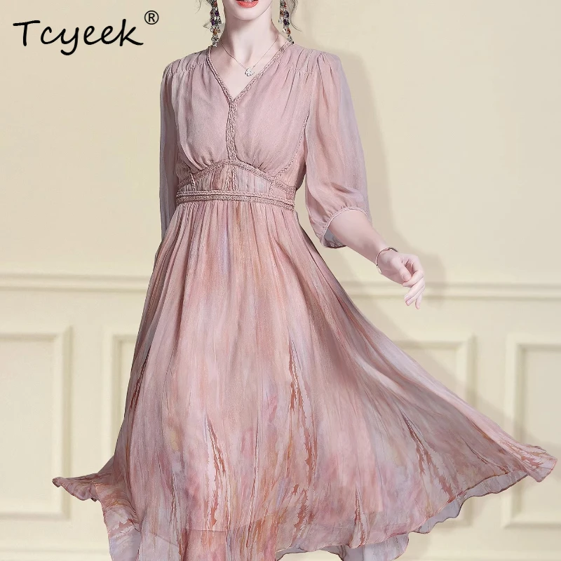 

Tcyeek High-end 100% Mulberry Silk Dresses Beach Dress Women 2026 Summer Clothes Elegant Womens Dresses Print Платье Женское
