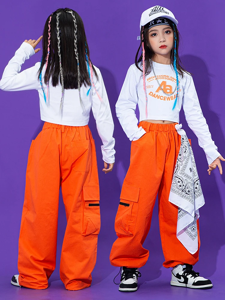 Modern Jazz Dance Clothes For Girls top a maniche lunghe pantaloni Cargo arancioni allentati bambini Hip Hop abbigliamento Performance Wear BL9591