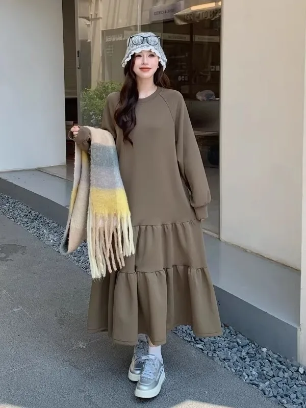 

Slimming A-Line Long Dress round Neck Long Sleeve Korean Style Daily Wear plus Size Women's Clothing Standard Fit Maxi Dress