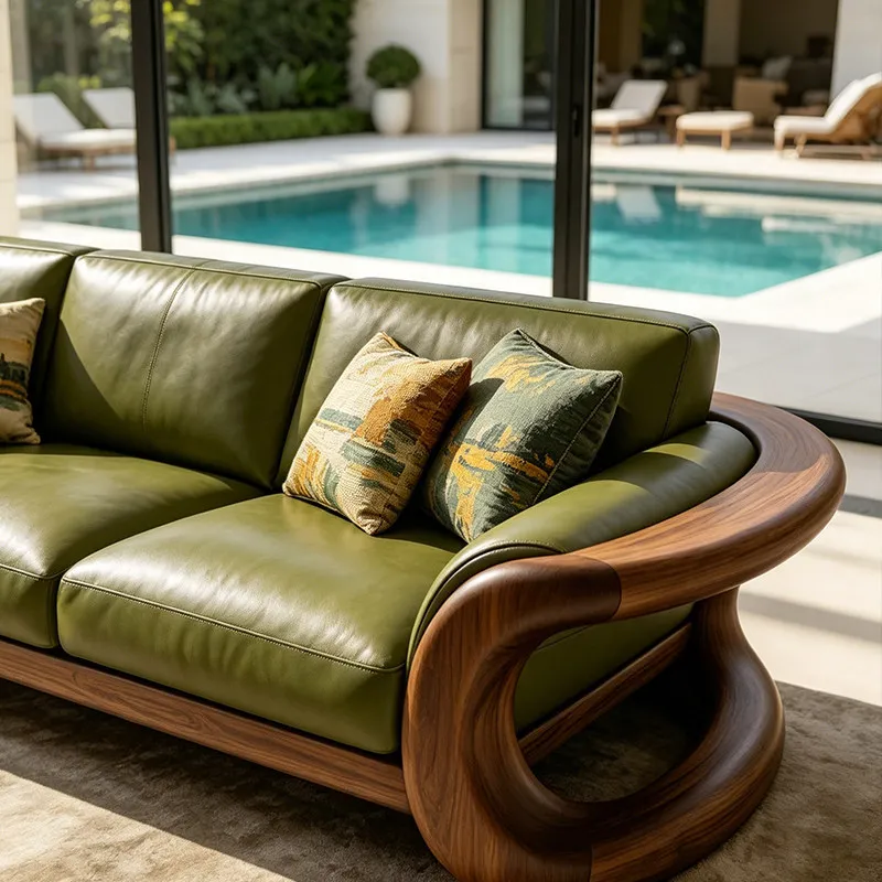 Medieval black walnut sofa, villa living room leather three-person high-end simple solid wood sofa