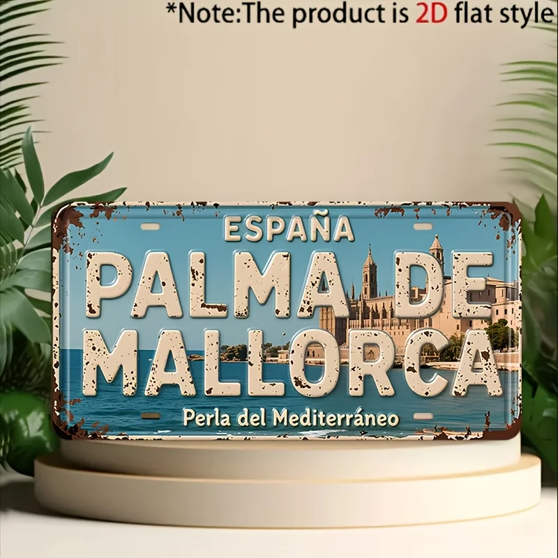España, Palma de Mallorca, "Perla del Mediterráneo", Letrero Metálico con Impresión Plana 2D Estilo Matrícula, Tema Costero Mediterráneo