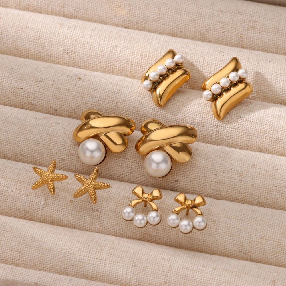 Imitation Pearl Bow Earrings for Women Stainless Steel Gold Color Geometric Cross Earrings Fashion Wedding Jewelry Christmas