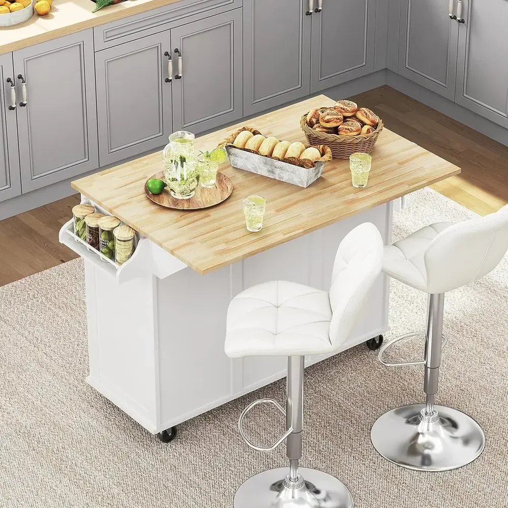 

White 53W x 30D x 36H Kitchen Island Cart with Drop Leaf, Breakfast Bar, Storage Cabinet, 3 Drawers, Spice Rack