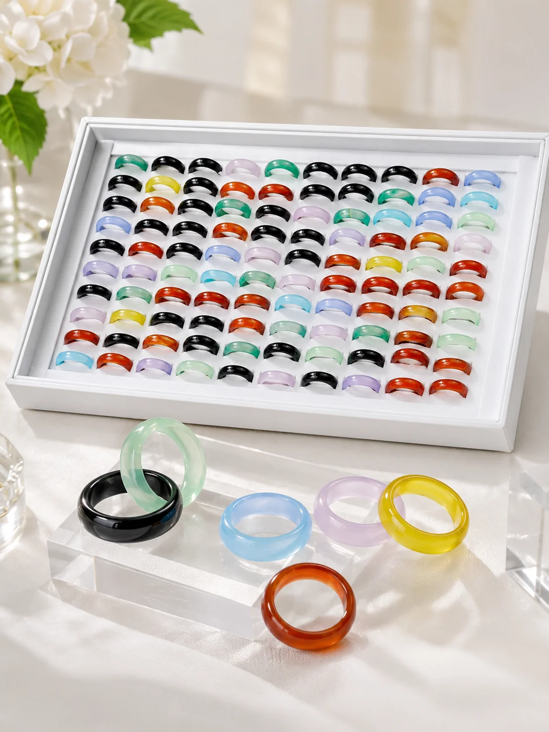 50 Stück mehrfarbige Karneol-Kristall-Achat-Ringe für Damen, modischer Natur-Schmuck, Großpackungen, gemischte Farben, PF4020 – Detail 1