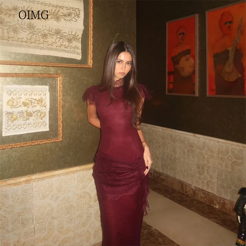 

OIMG Vintage Burgundy Lace High Neck Mermaid Prom Gowns Backless Party Gown Floor Length Party-perfect Evening Dress Customized