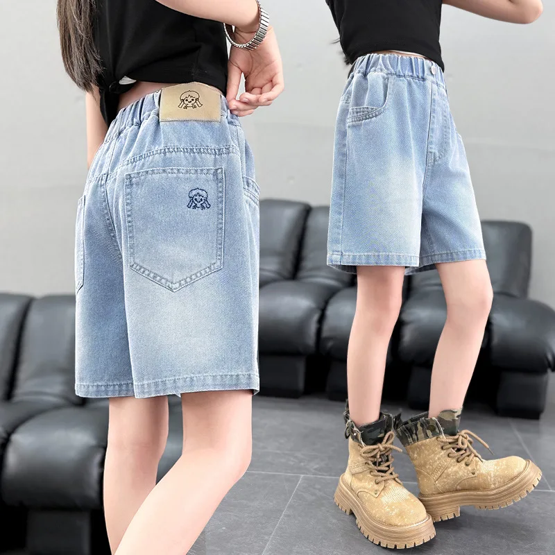 Street Style Kids New Summer Denim Shorts with Embroidery for Teen Girl Knee Length Jeans Shorts Children Short Pants Bottom