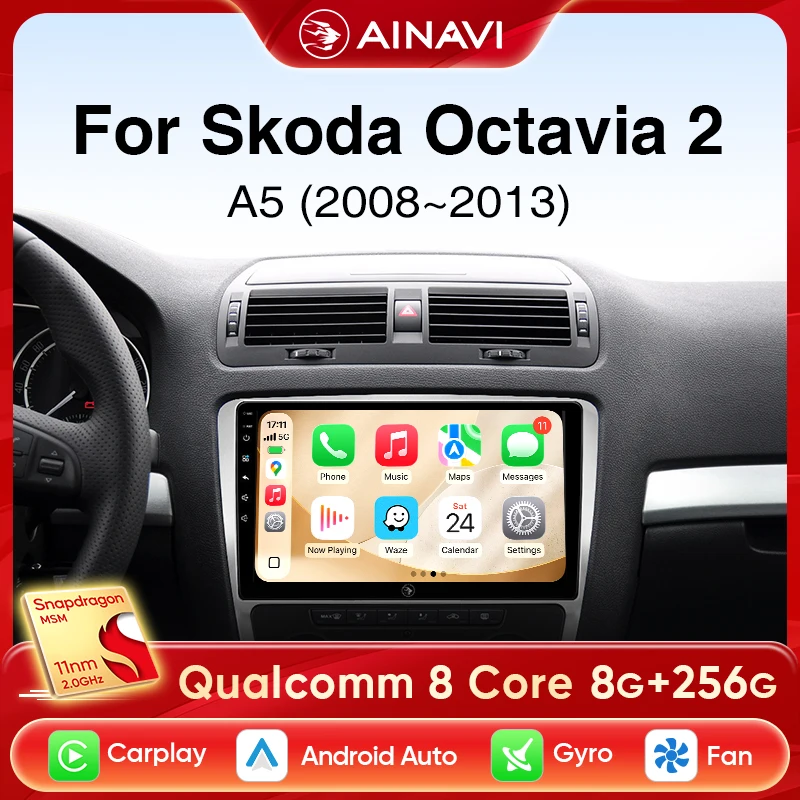 Autoradio Ainavi per SKODA Octavia 2 A5 2008 2009 2010 2011 2012 2013, con Carplay wireless, Android Auto, 4G, lettore multimediale per auto, schermo touchscreen HD IPS, Wi-Fi, BT 5.0, navigazione