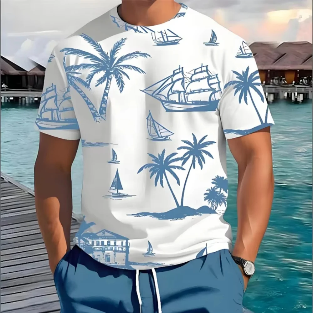 

Beach vacation short sleeves,Hawaiian print T-shirts, unisex, couple wear,round neck casual short sleeve tops outdoor sportswear