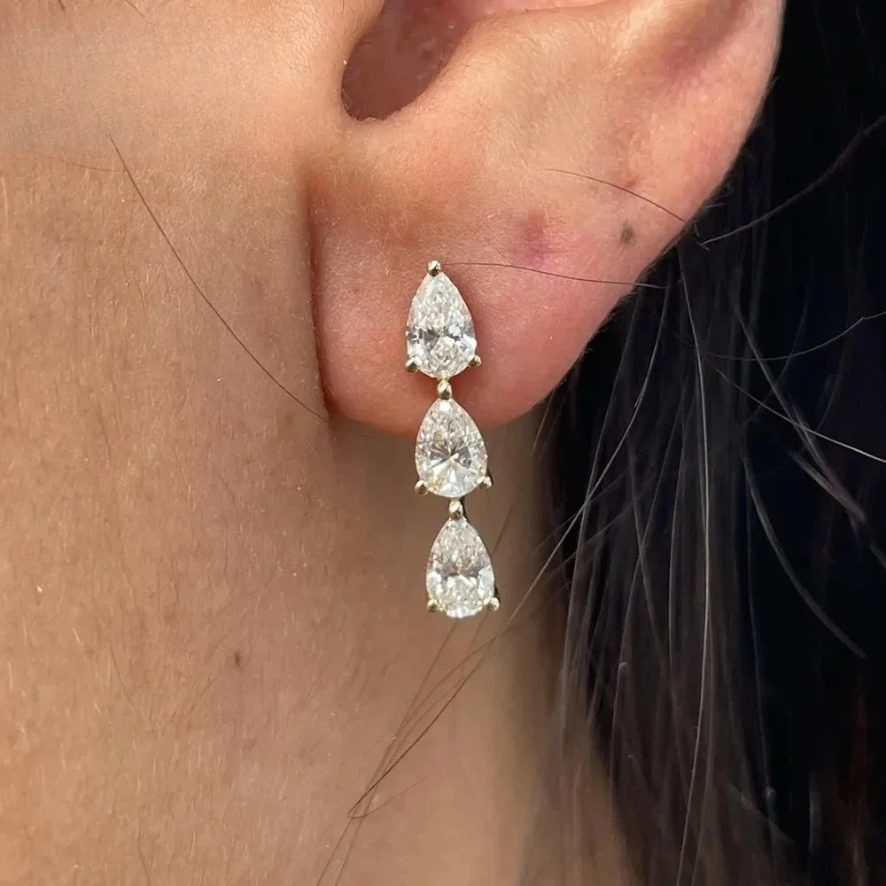 

4*6mm Full Moissanite Drop Earring for Women GRA Certified 925 Sterling Silver 3-Stones Dangle Diamond Earrings Christmas Gifts