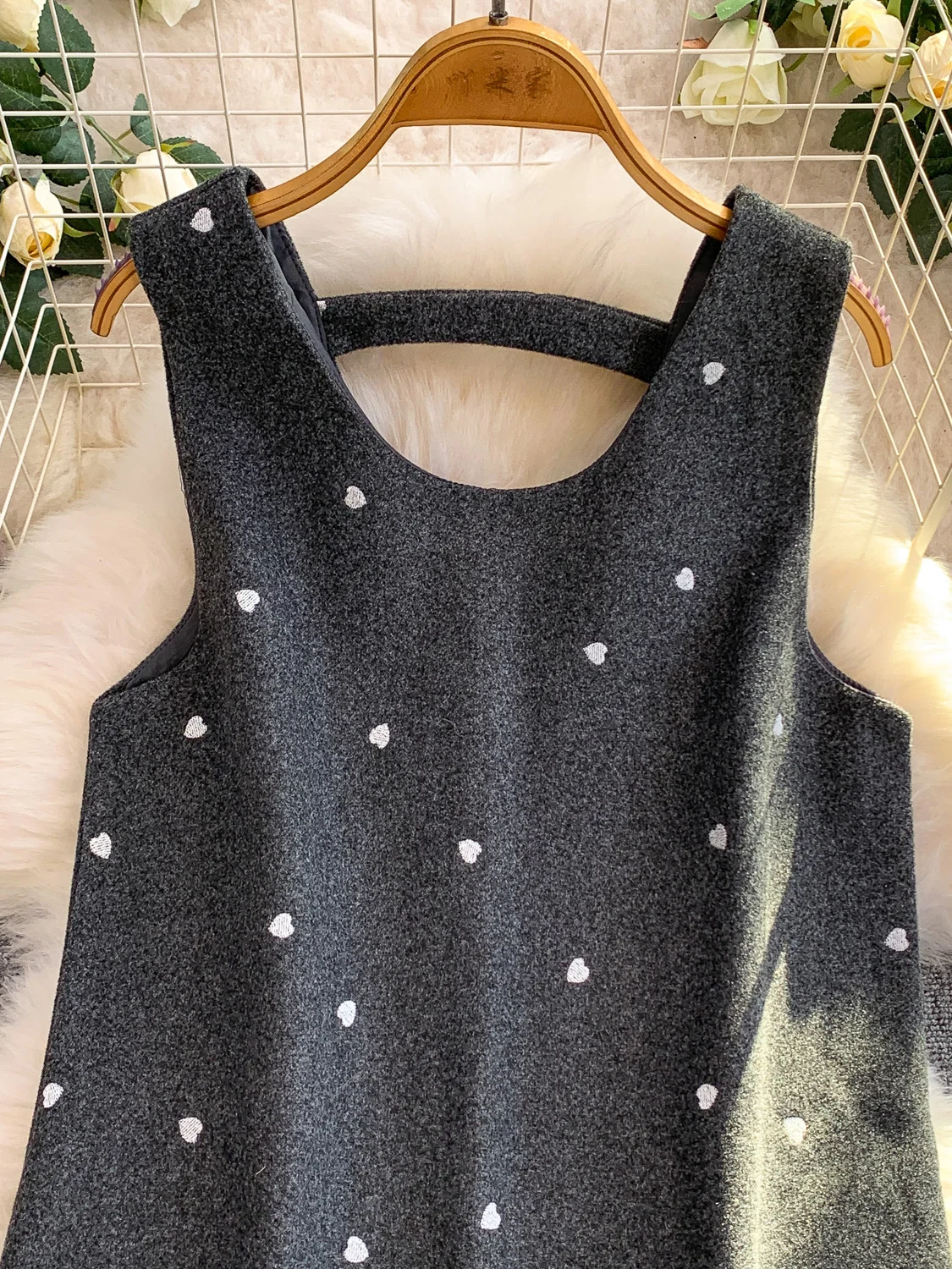 Retro Sweet Polka Dot Svel Vest Dr Women's Autumn Winter Soft Loose Slimming Gored Skirt mid Length A-Line Dr