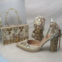 2021 new luxury crystal wedding shoes with bags women's thick high-heeled shoes sandals  women's party pointed shoes and bags