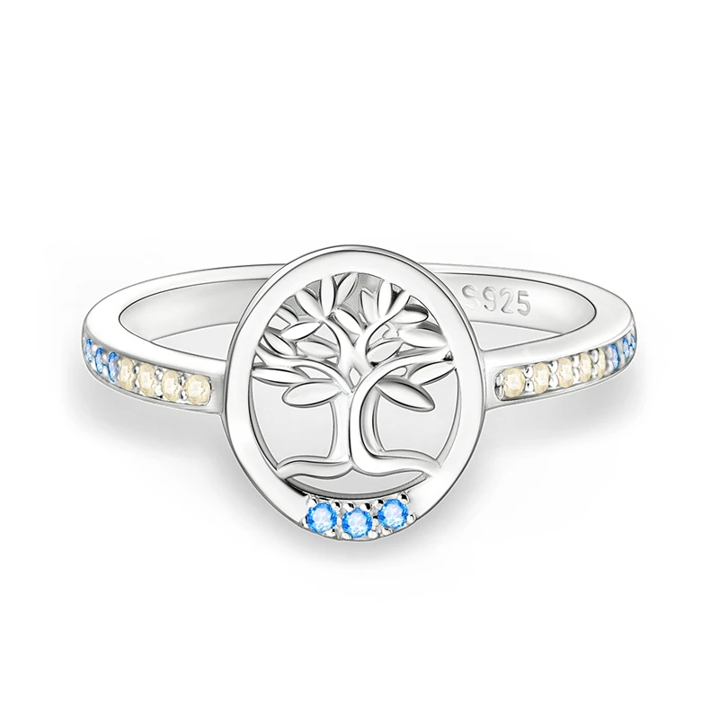 New Ring 925 Sterling Silver Tree of Life Blue Green Stone Inlay Rings For Women Girls Birthday Anniversary Jewelry Gifts