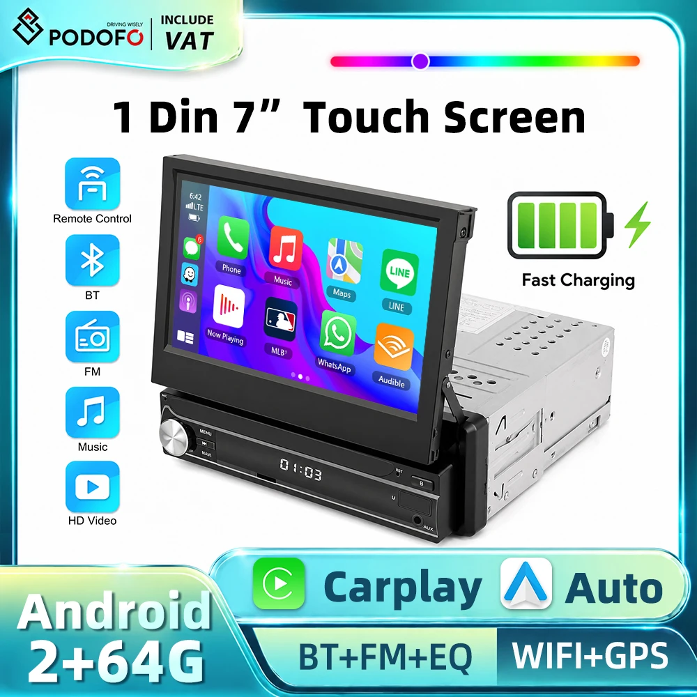 Podofo 1 Din 7 Zoll Android Multimedia Autoradio 2+64G Wireless CarPlay Mirror Link Android Auto Intelligentes Autosystem WIFI BT FM RDS GPS