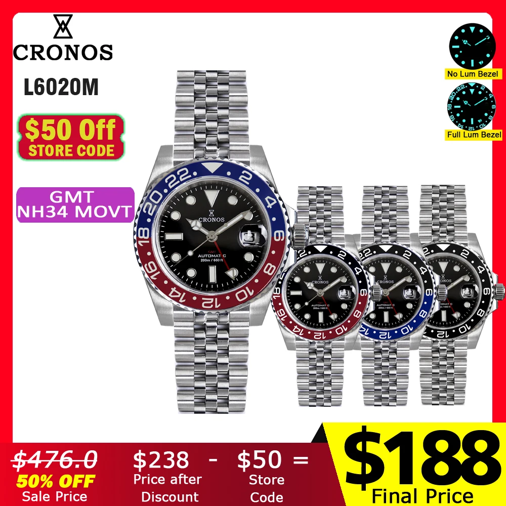 Cronos GMT NH34 Automatic Men WatchBidirectional Bezel Sapphire 20 ATM Solid, 5 Links Metal Bracelet  BGW-9 Lum L6020M