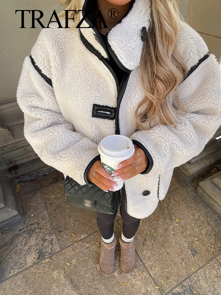 TRAFZA 2024 Female Fashion High Street Thick Coats Solid O-Neck Long Sleeves Single Breasted Winter Warm Jackets Woman Trendy