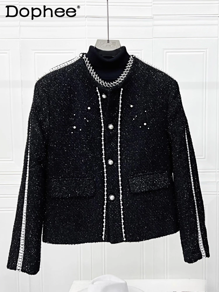 

Men's 2025 Autumn Winter New Small Fragrant Tops Pearl Decorated Round Neck Jacket Men's Light Luxury High-end Loose Trend Coats