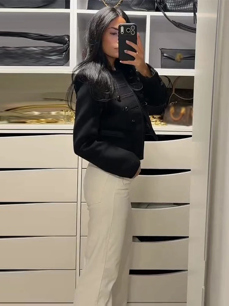 

Винтажный двубортный укороченный жакет для женщин, элегантный, с круглым вырезом, приталенный, черный, на весну 2026, шикарная уличная верхняя одежда