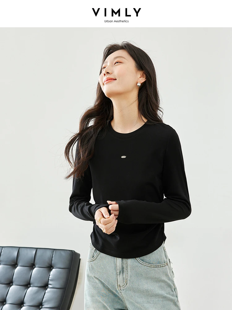 

Vimly Black O-neck Side Shirring T-shirt High Strecth Slim Pullover Long Sleeve Top 2024 Spring Casual Basic Tees Female M5731