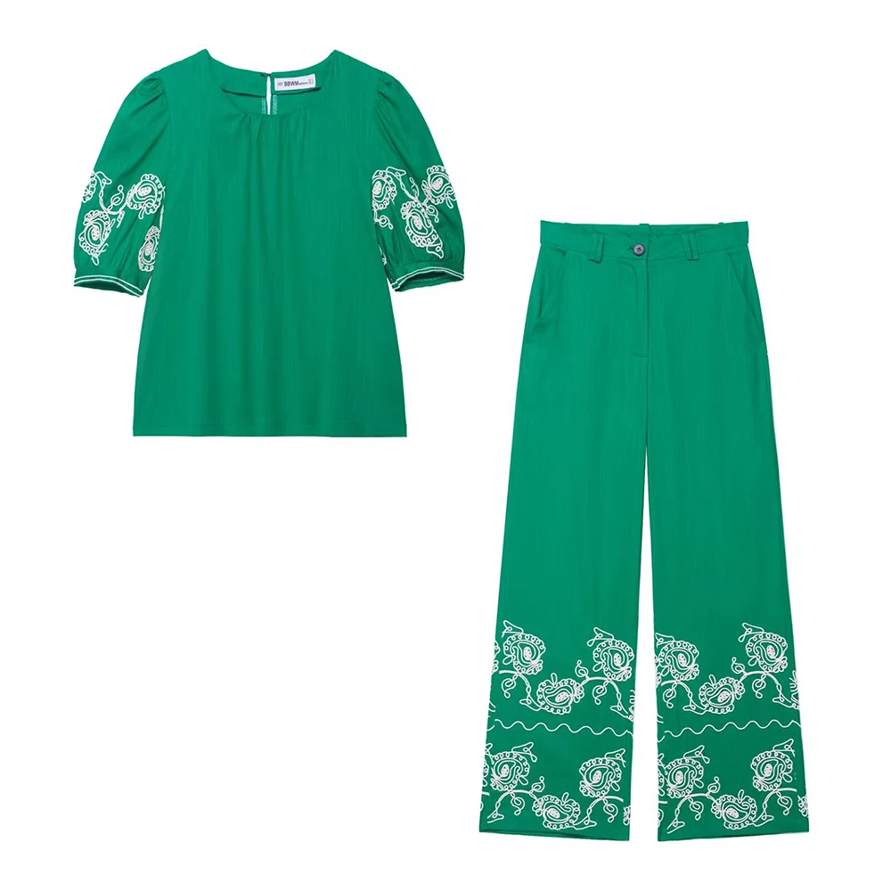 

2025 New Fashion Women's Clothing European and American Style Summer New Blended Embroidery Top Casual Pants Set