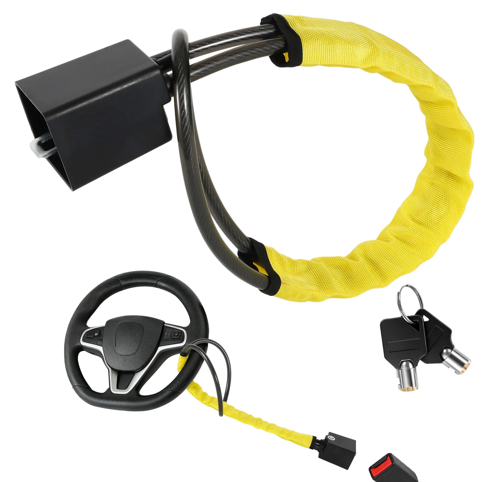 Anti Theft Car Steering Wheel Lock Braided Steel Cable Seatbelt Locks Heavy Duty Anti Pick Cylinder Security with 2 Keys