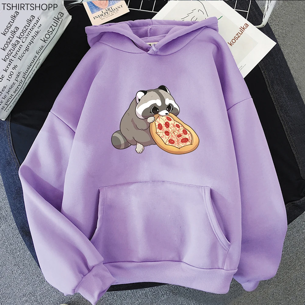 Cartoon Pizza Raccoon Hoodie Women Cute Print Hoodies Harajuku Sweatshirts Autumn Winter Plus Size Fleece Hooded Pullover