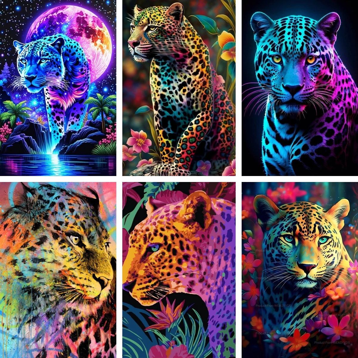 

Diamond Painting Kits for Adults Cyber Jaguar Diamond Art Technicolor Leopard Home Decoration Rhinestone Art Flora and Feline