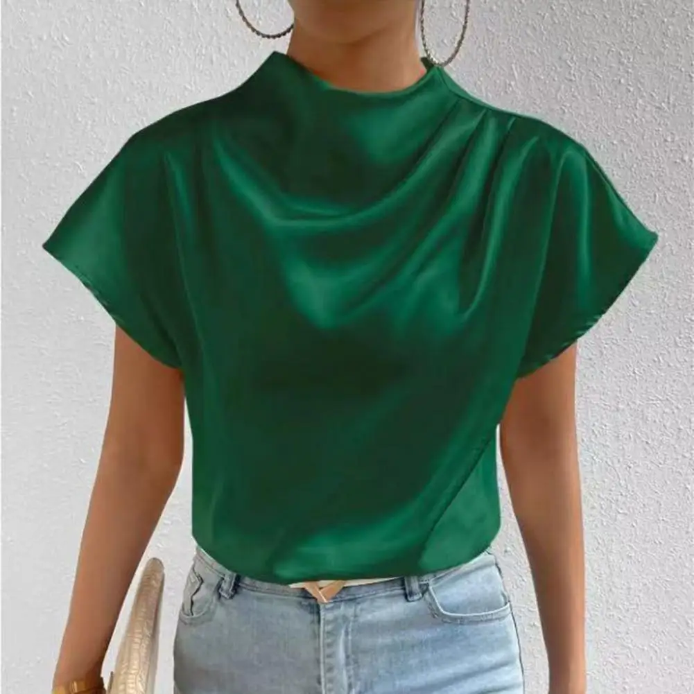 Women Top Women T-shirt Stylish Women's Half High Collar Pleated T-shirt Solid Color Satin Pullover Tops for Daily Wear Trendy