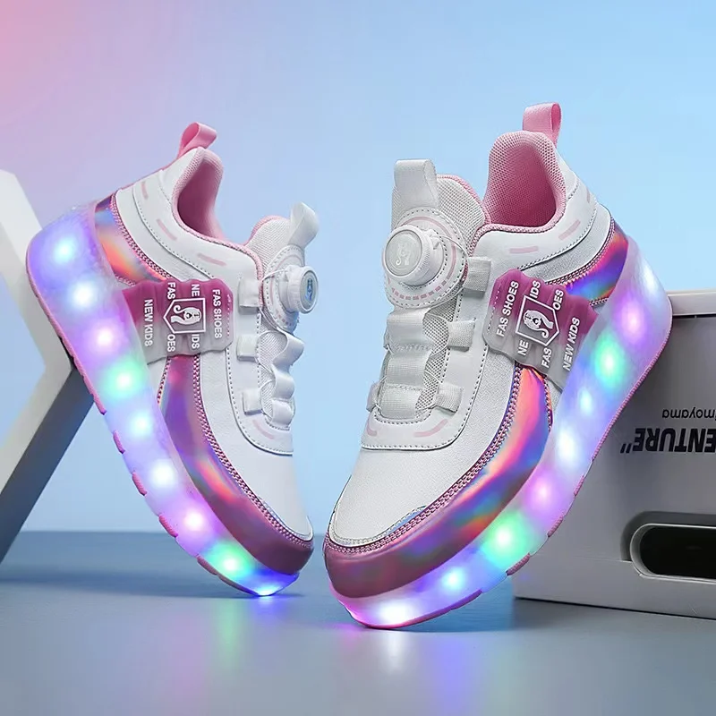 Dual-purpose USB Charging Two-Wheeled Walking Shoes for Boys Girls, Roller Detachable Wheels Sneakers,  Deform LACES Light Boots