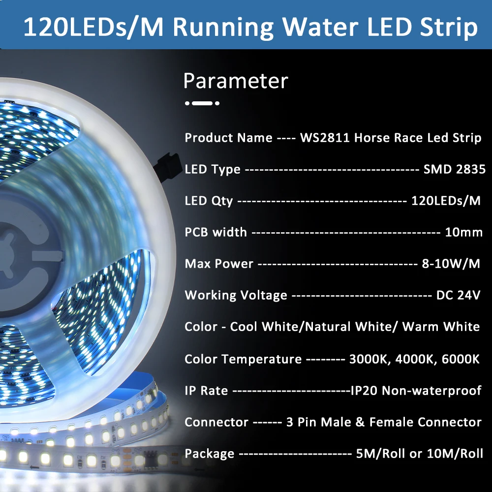24V WS2811 Horse Race LED Strip Running Water Flowing Light 2835 10mm 120LEDs/m RF Touch Panel Controller for home decoration