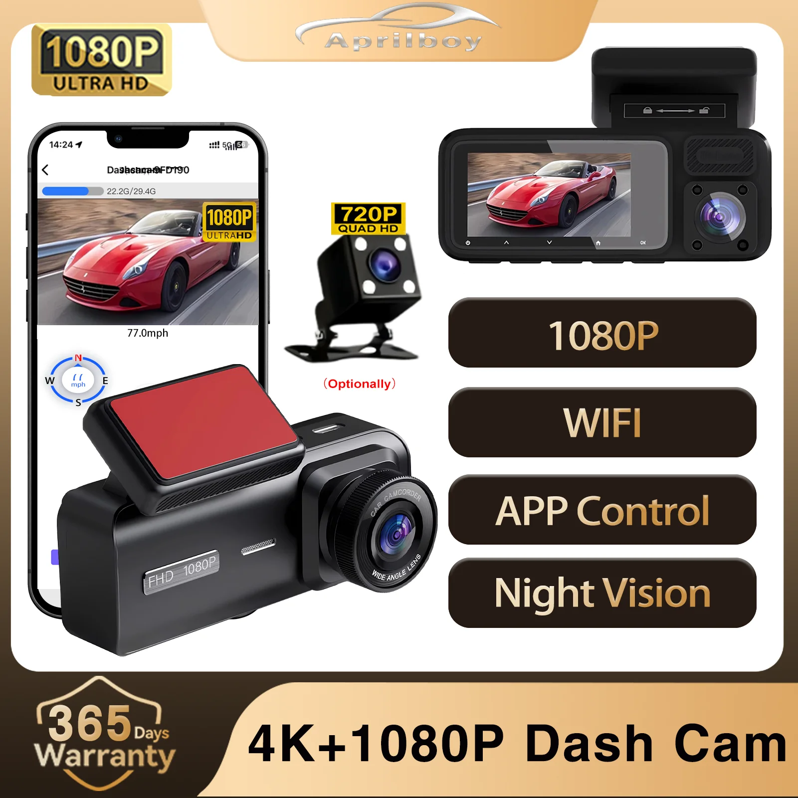 

Видеорегистратор для автомобиля 1080P HD WiFi с 3-мя каналами и трехсторонней записью
