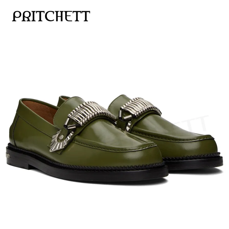 Slip-On Green Leather Loafers Fashionable Hardware Decoration Round Toe Casual Leather Shoes Large Size Comfortable Men\'s Shoes