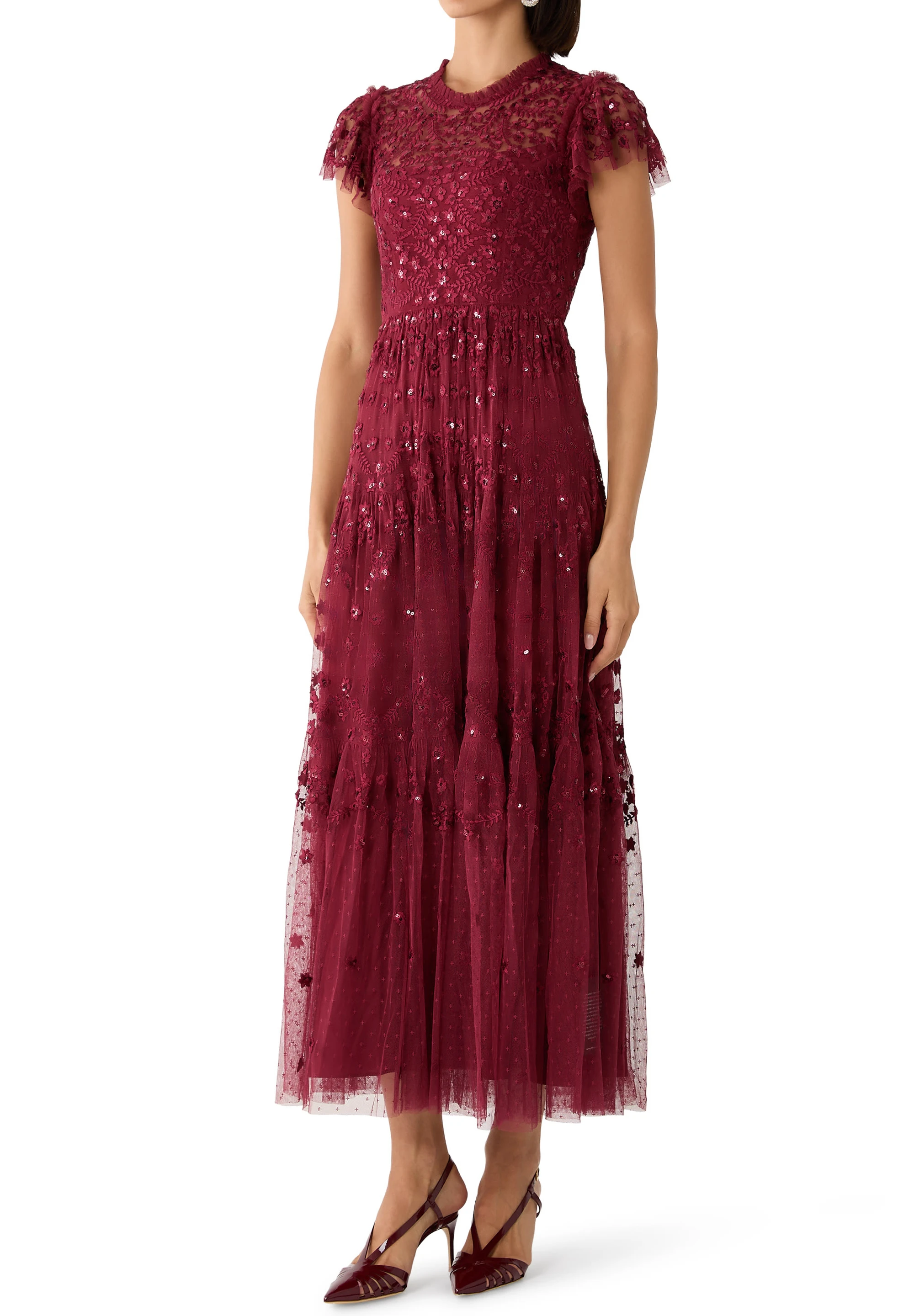 Customized Burgundy Floral Sequin Embroidered Tulle Tiered Midi Dress Women Short Sleeve Wedding Guest Evening Party Gown
