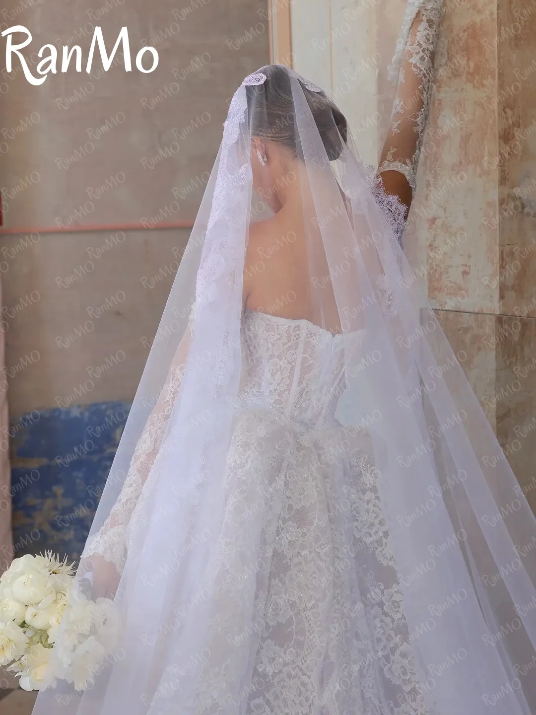 Ranmo 2025 절묘한 라인 웨딩 드레스 긴 소매 레이스 아가 라인 신부 가운 채플 맞춤형 Vestidos De Novia