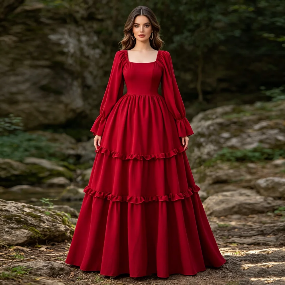 

Customized Ladies Grace Dresses Square Neck Wedding Party Dress Ruched A-line Floor-length Formal Long Sleeves Evening Dress
