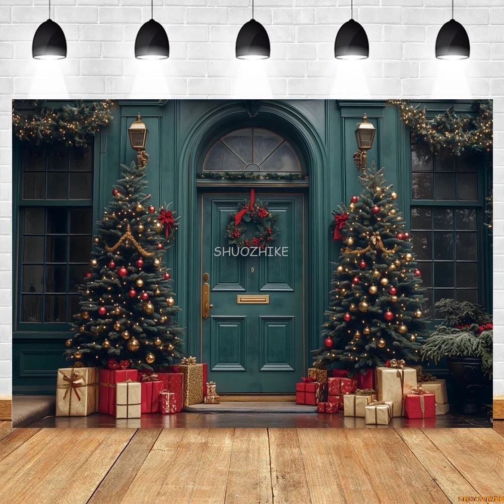 Christmas Background for Photography Retro Wall Door Gifts Family Xmas Trees Party Portrait Photo Backdrop Photo Studio Supplies